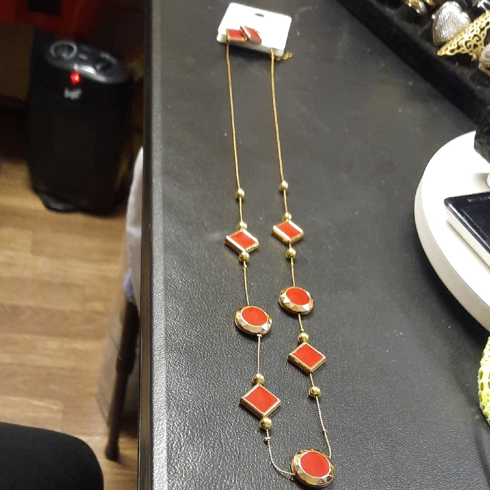 Chic Gold and Red Geometric Necklace~32"